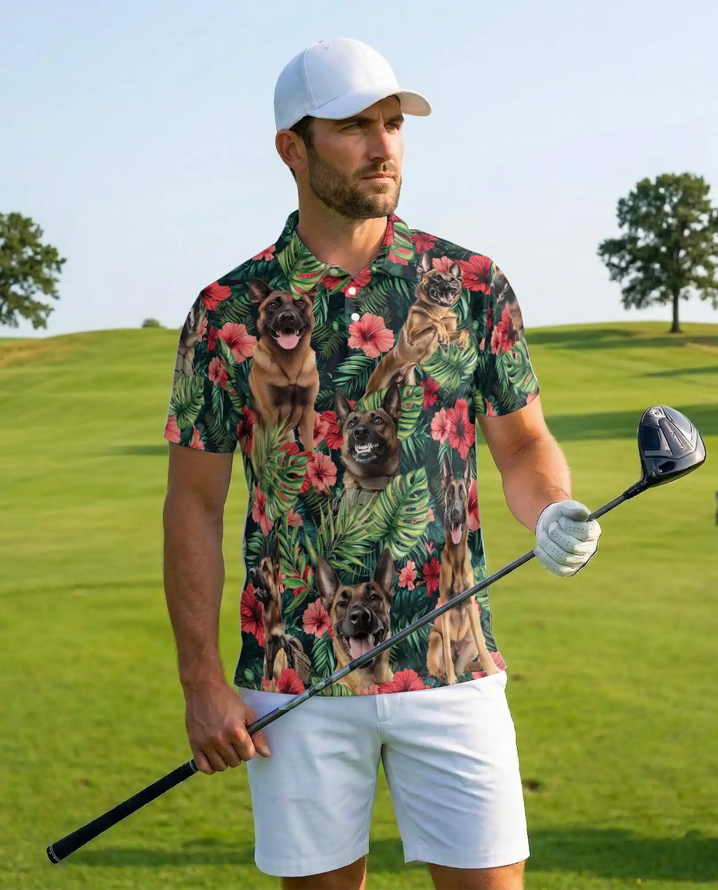 Belgian Malinois Tropical Polo Shirt - Hawaiian Dog Lover Floral Design | Azhawaiian