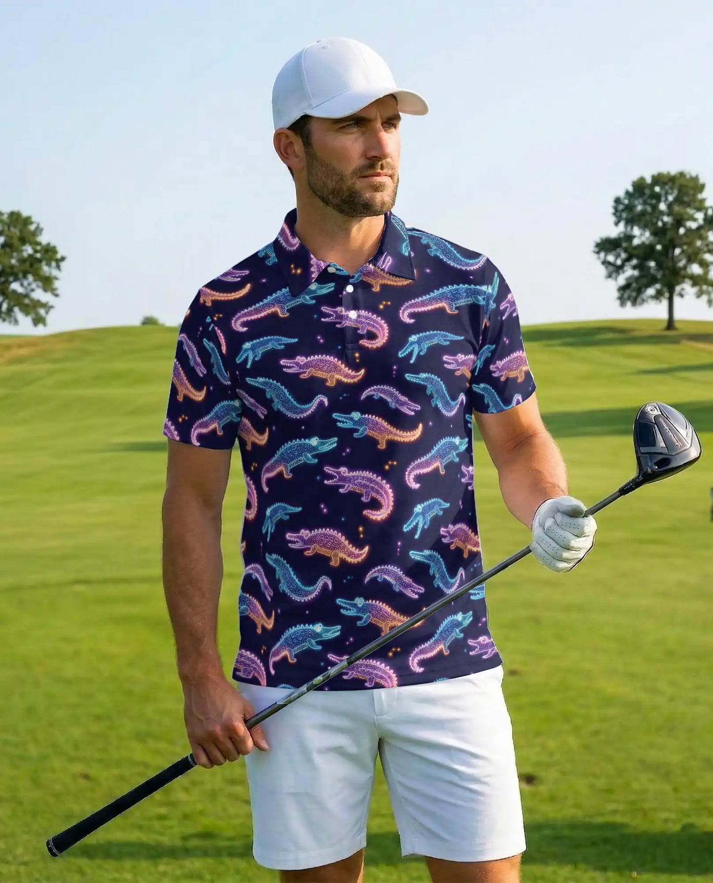 Neon Crocodile Polo Shirt for Men, Night Party Style | Azhawaiian