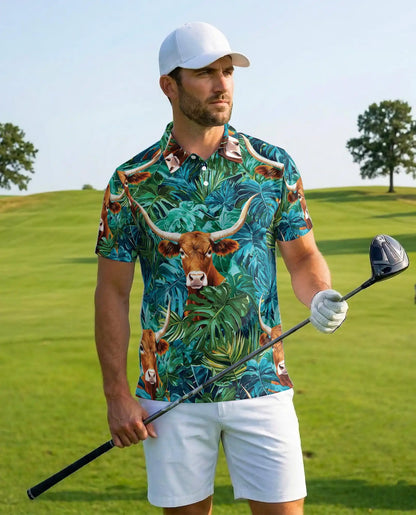 Texas Longhorn Tropical Polo Shirt - Western Jungle Style | Azhawaiian