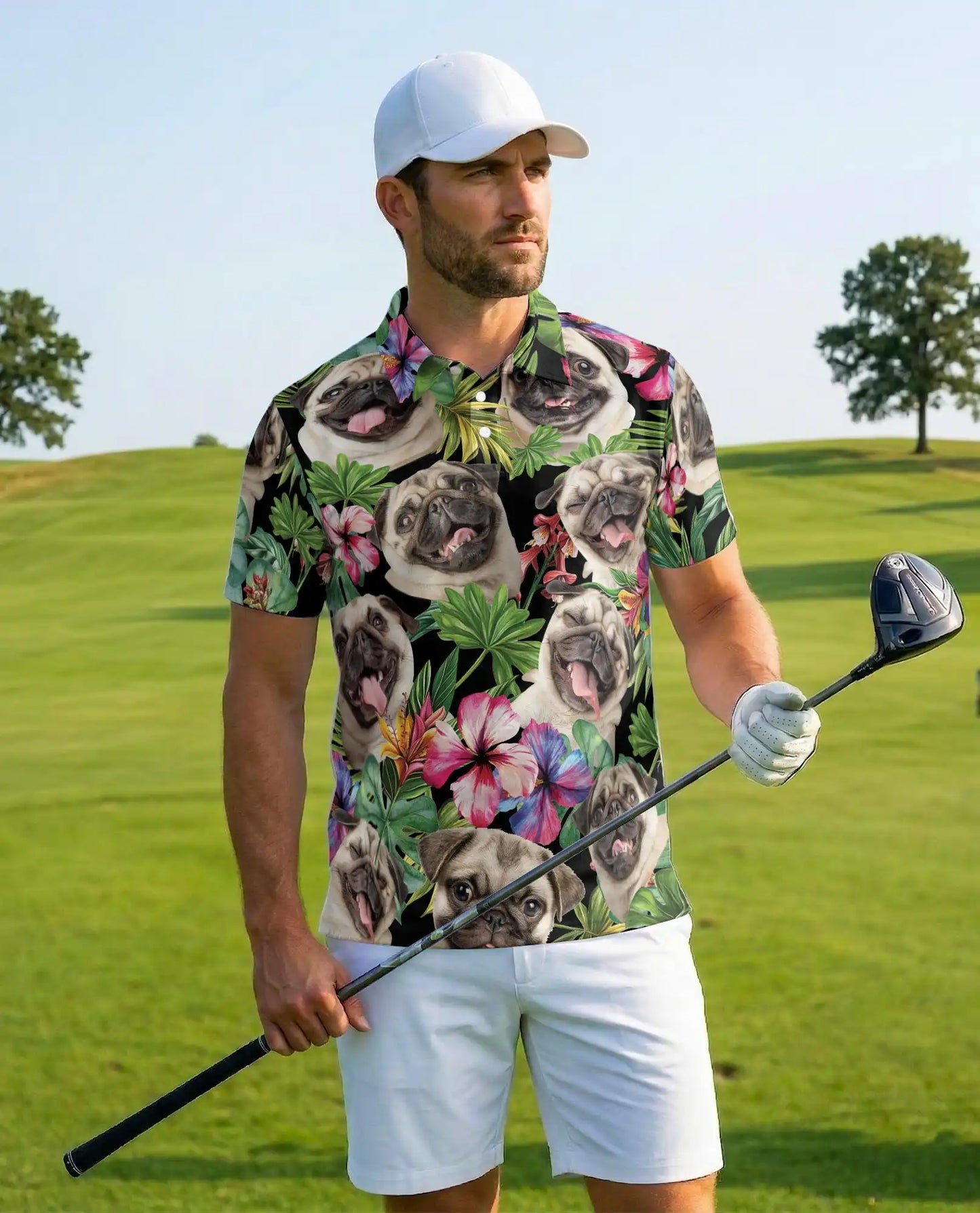 Tropical Pug Dog Polo Shirt - Hawaiian Pet Lover Style | Azhawaiian