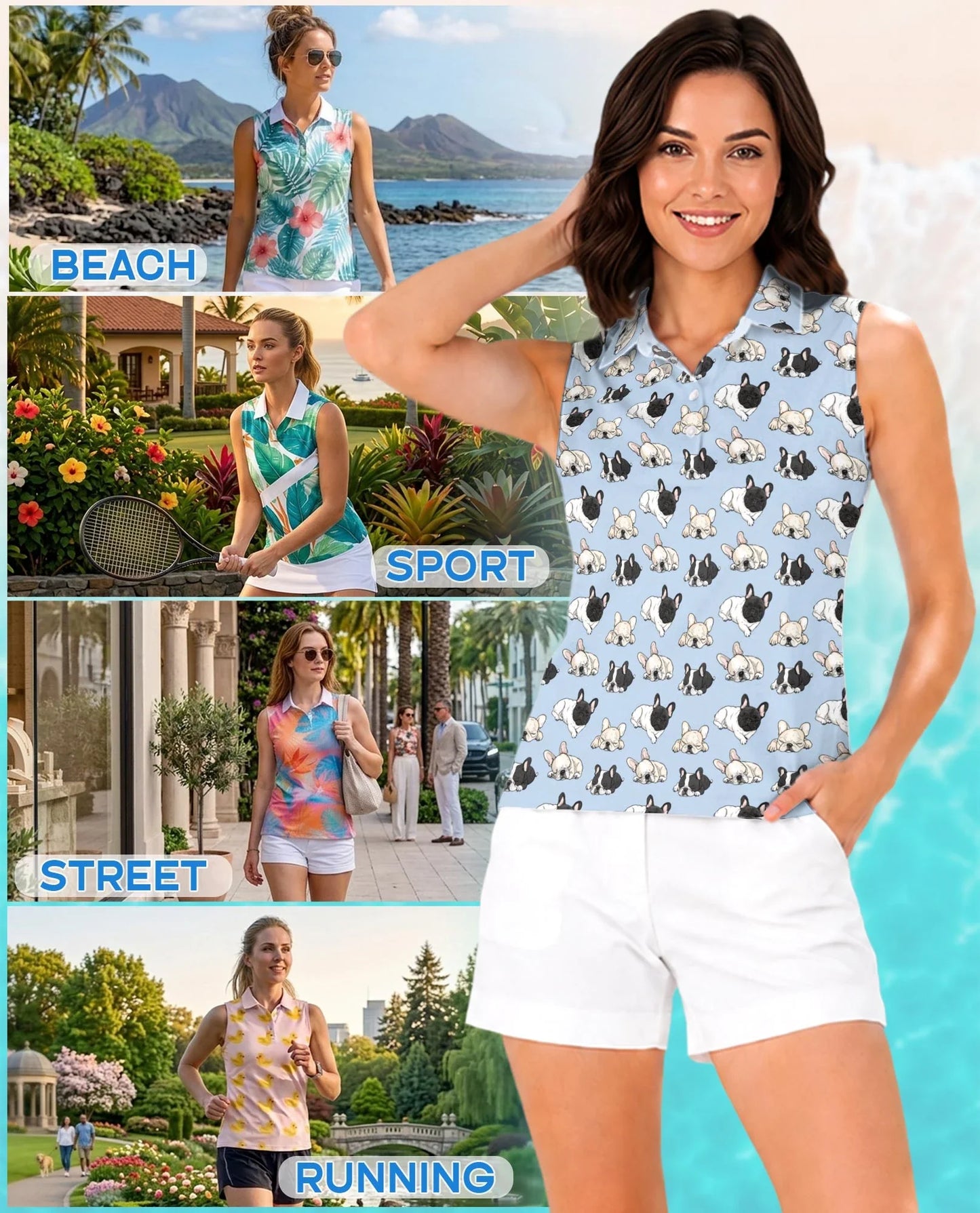 Lazy French Bulldog Sleeveless Polo Shirt for Women | Azhawaiian