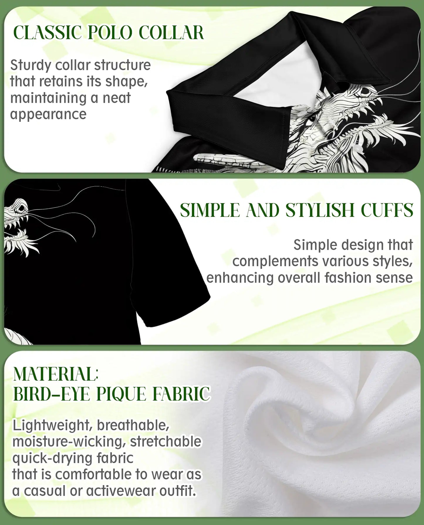Black White Dragon 3D Polo Shirt for Men, Asian Fantasy Art Style | Azhawaiian
