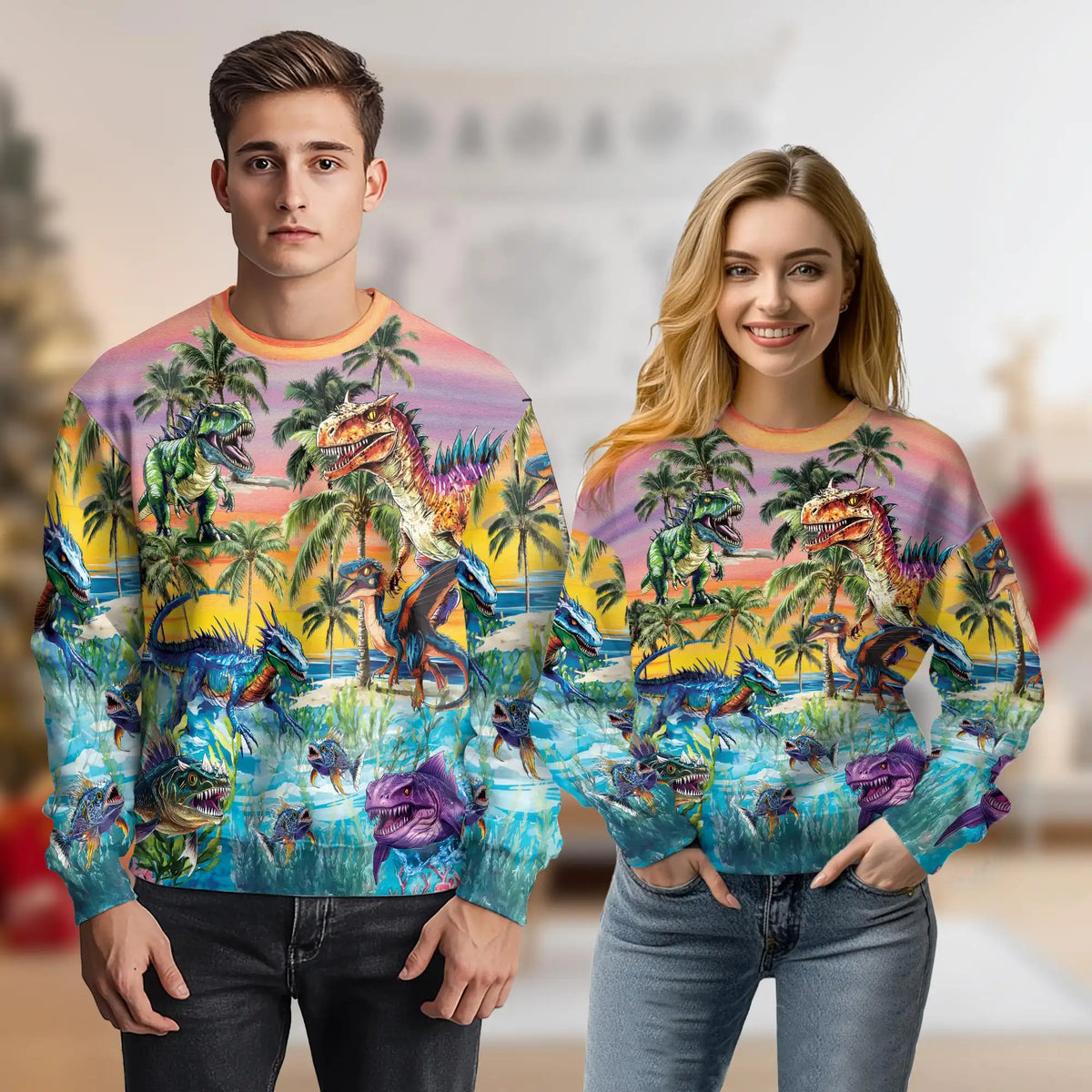 Colorful Dinosaur Tropical Sweatshirt – Tropical 3D All Over Print Design