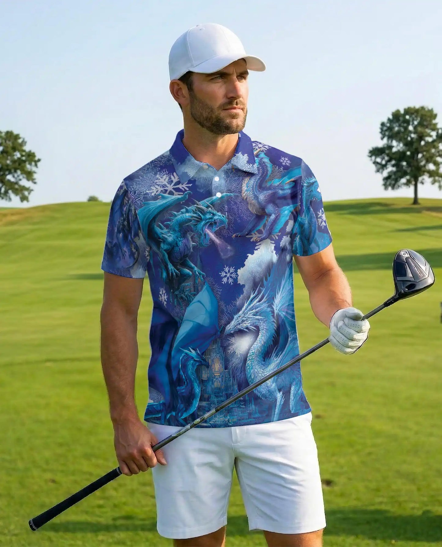 Blue Ice Dragon Polo Shirt for Men, Winter Fantasy Design | Azhawaiian