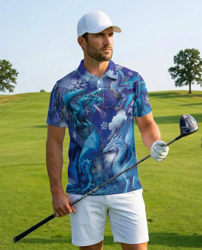 Blue Ice Dragon Polo Shirt for Men, Winter Fantasy Design | Azhawaiian