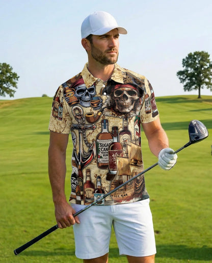 Caribbean Pirate Skull Polo Shirt for Men, Tropical Adventure Style | Azhawaiian
