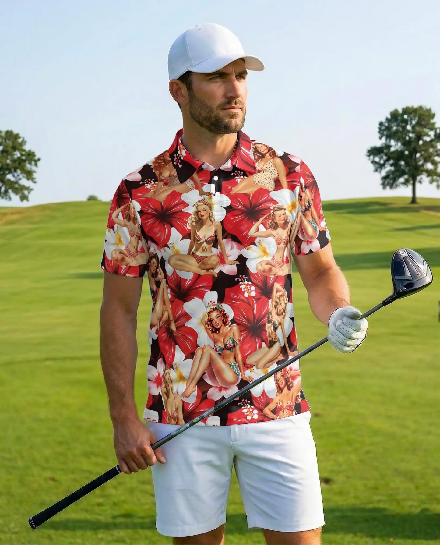 Pin Up Girl Polo Shirt, Retro Tropical Floral Print | Azhawaiian