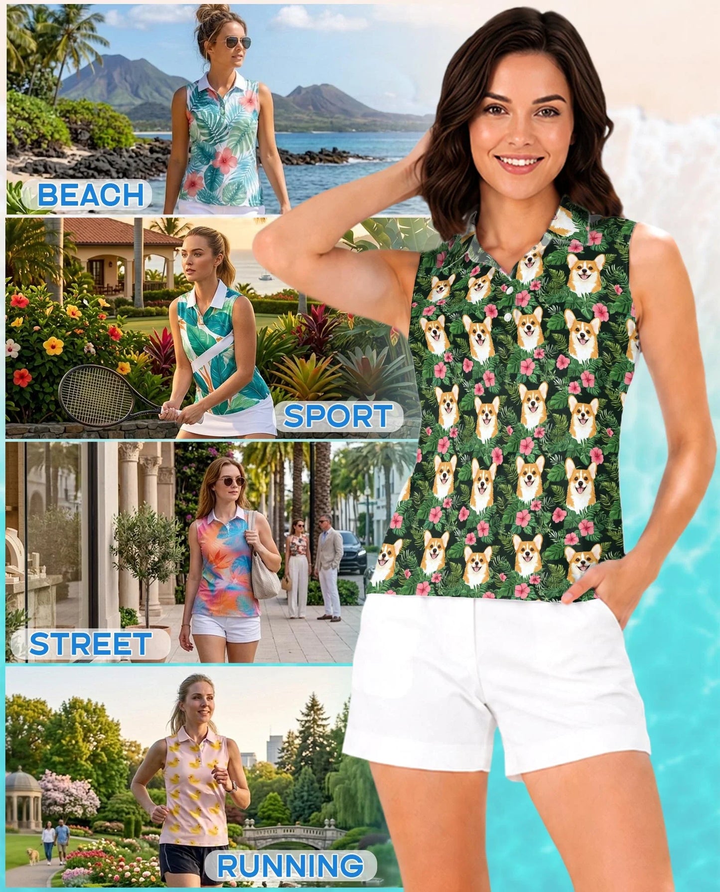 Corgi Love Flower Beach Shirt for Women