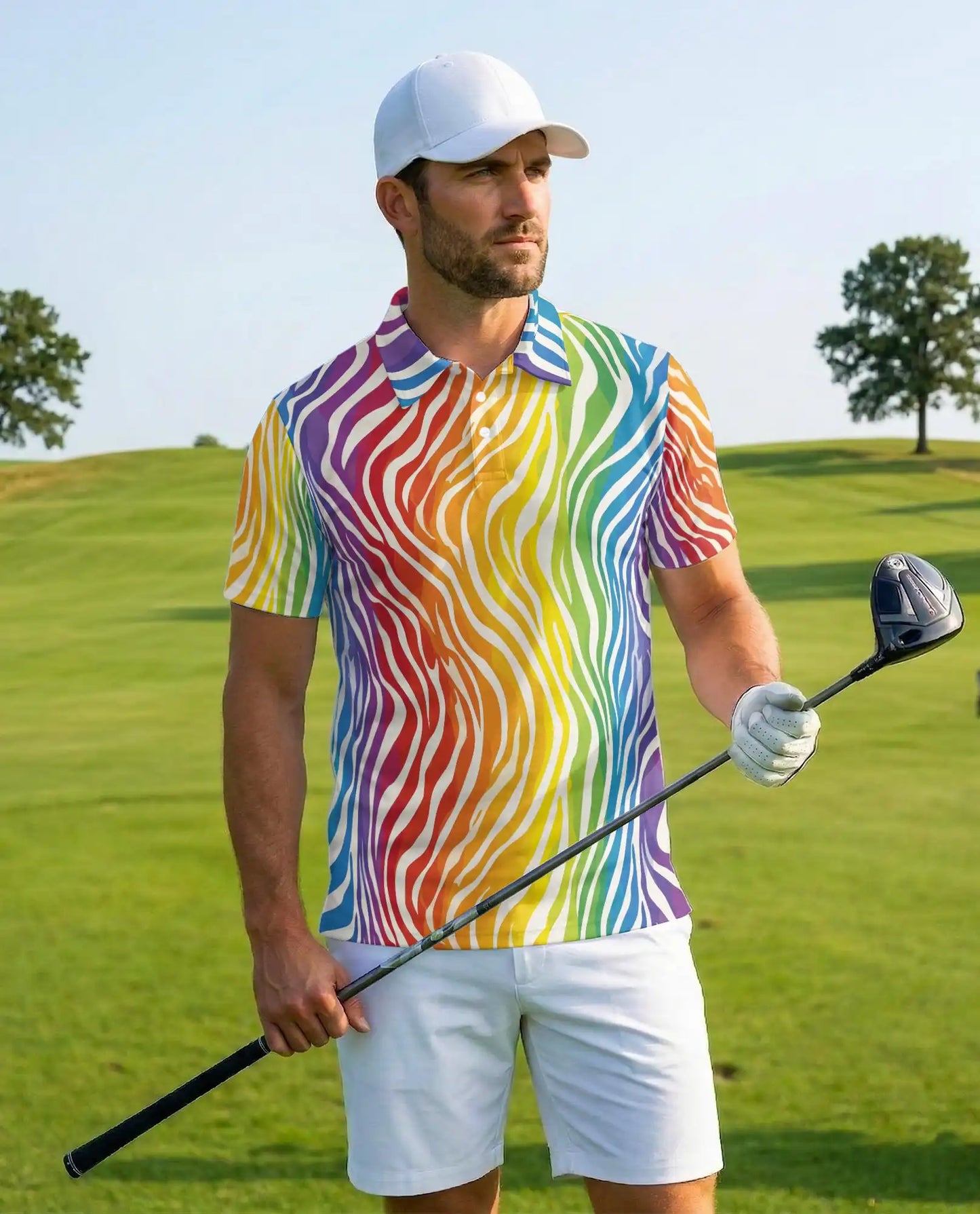 Rainbow Wave Polo Shirt for Men, Colorful Summer Style | Azhawaiian