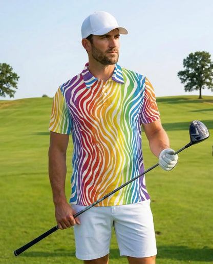 Rainbow Wave Polo Shirt for Men, Colorful Summer Style | Azhawaiian