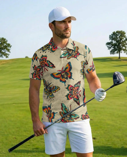 Skull Butterfly Polo Shirt, Gothic Vintage Style | Azhawaiian