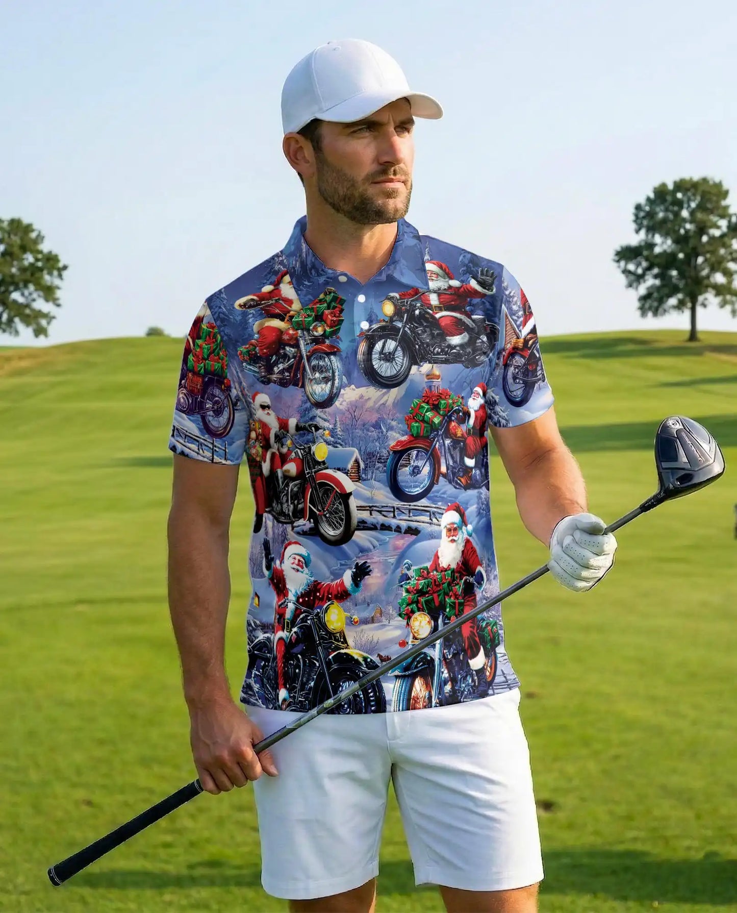 Driving with Santa Claus Polo Shirt for Men, Christmas Holiday Fun | Azhawaiian