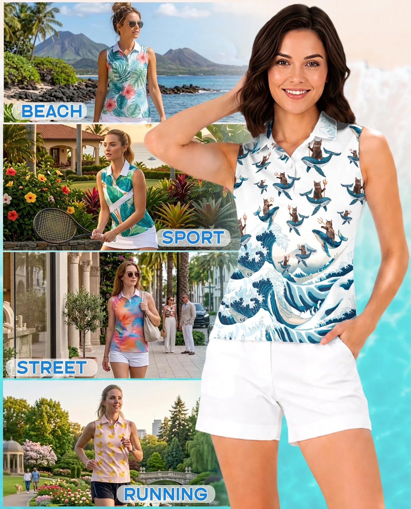 Cat Riding Whale Funny Sleeveless Polo Shirt for Women | Azhawaiian