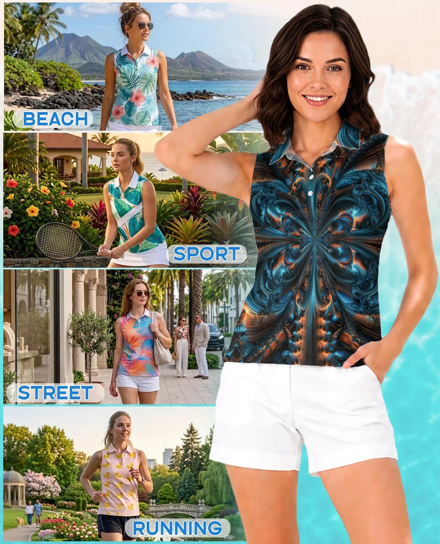 Fractal Art Pattern Sleeveless Polo Shirt for Women | Azhawaiian