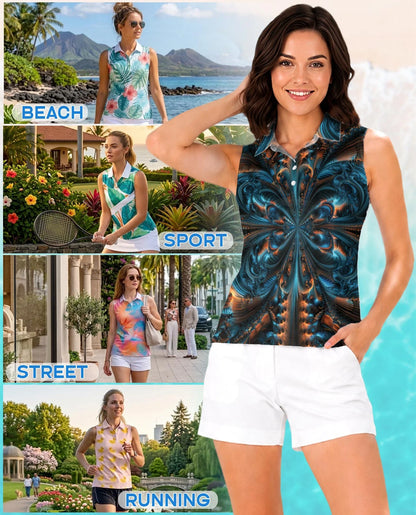 Fractal Art Pattern Sleeveless Polo Shirt for Women | Azhawaiian
