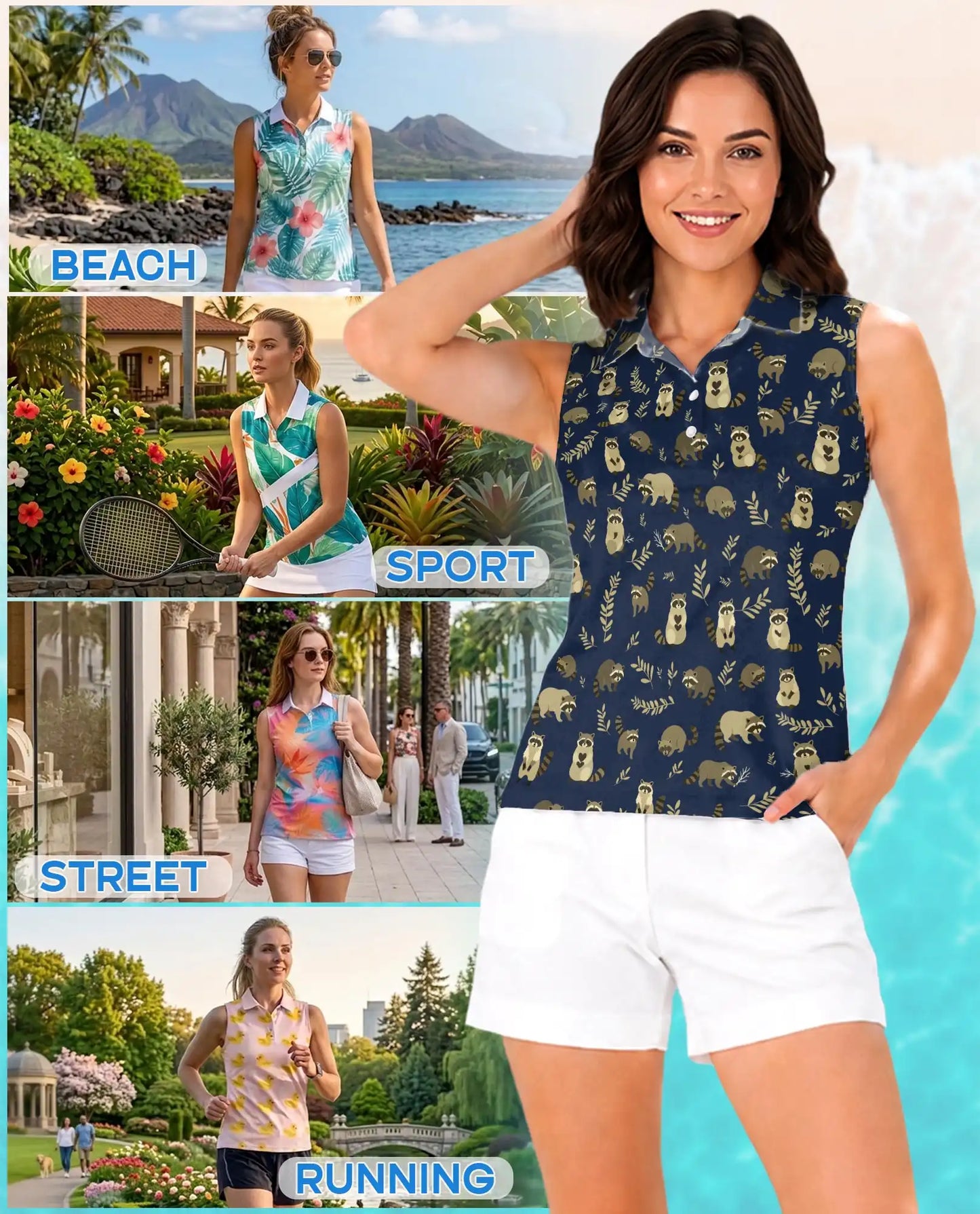 Navy Raccoon Pattern Sleeveless Polo Shirt for Women | Azhawaiian