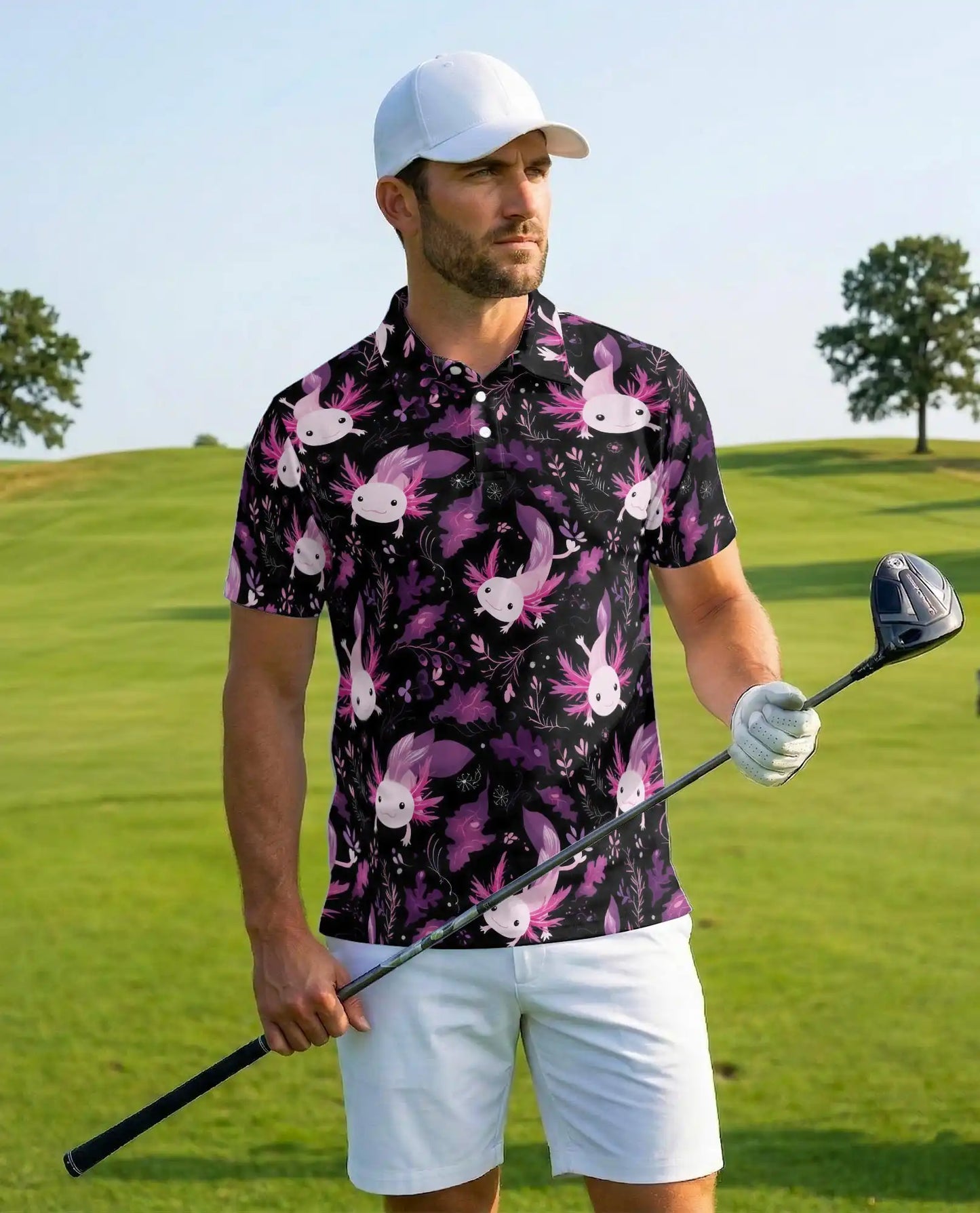 Purple Axolotl Polo Shirt for Men, Cute Aquatic Style | Azhawaiian