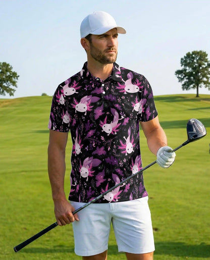 Purple Axolotl Polo Shirt for Men, Cute Aquatic Style | Azhawaiian