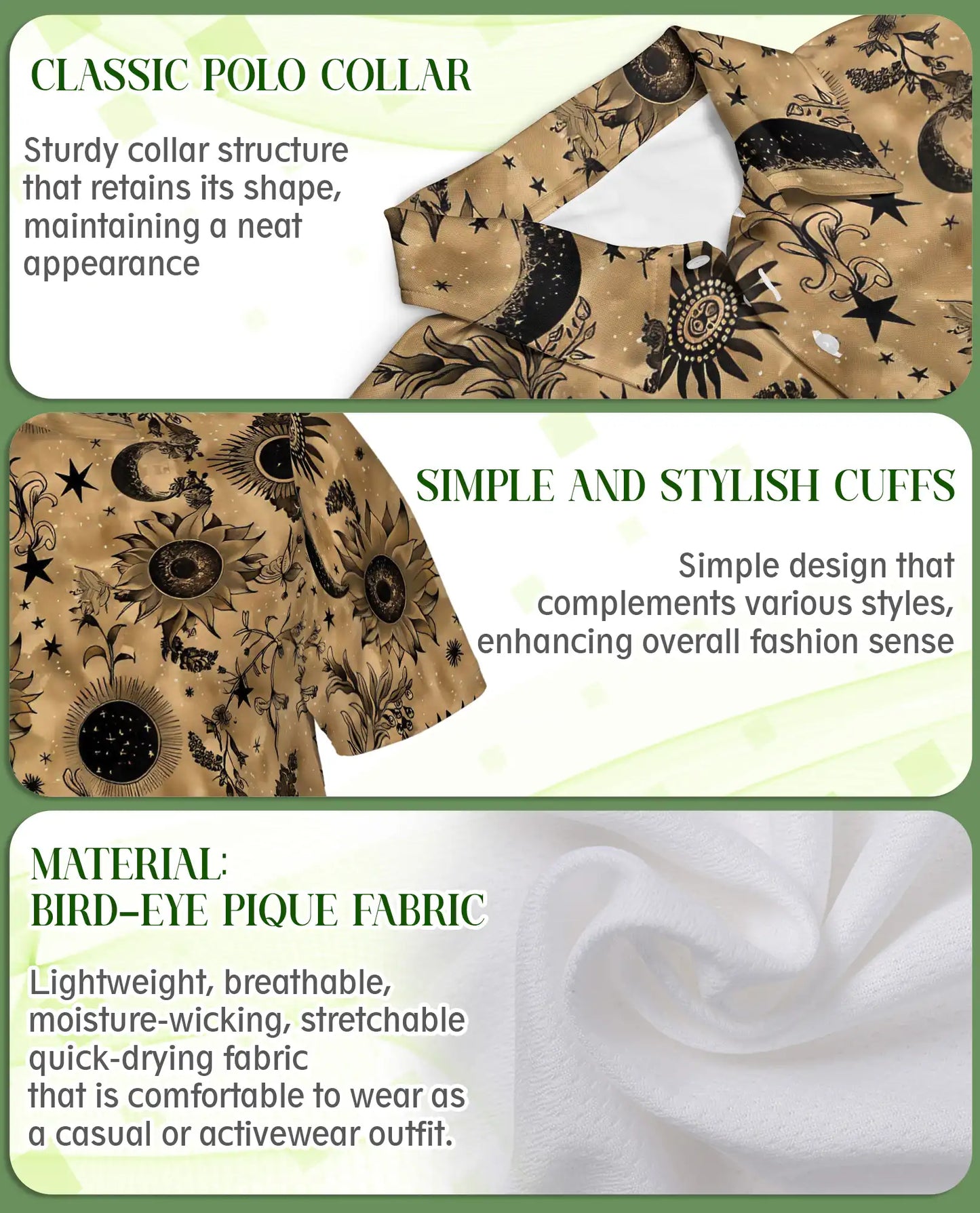 Celestial Sunflower Polo Shirt for Men-Boho Moon Stars Botanical Floral Shirt | Azhawaiian