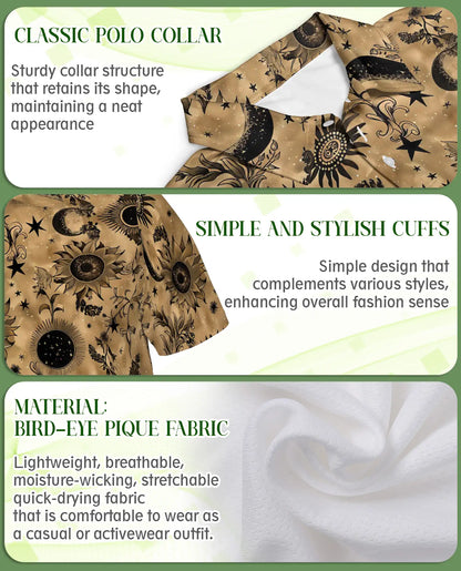 Celestial Sunflower Polo Shirt for Men-Boho Moon Stars Botanical Floral Shirt | Azhawaiian