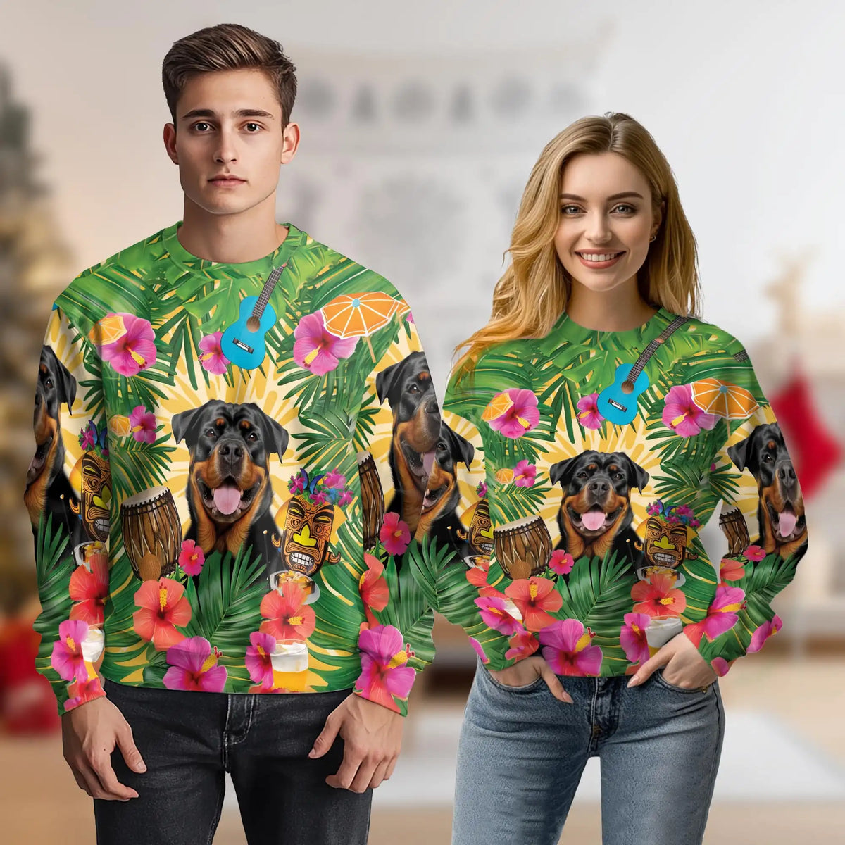 Rottweiler Summer Party Sweatshirt – Tropical 3D All Over Print Design