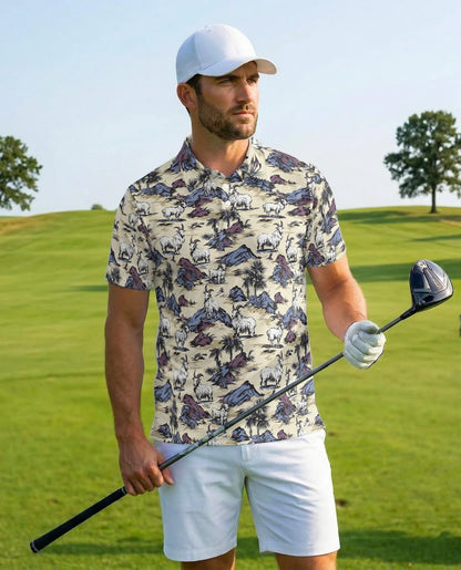 Goat Island Polo Shirt for Men, Tropical Animal Vacation Style | Azhawaiian