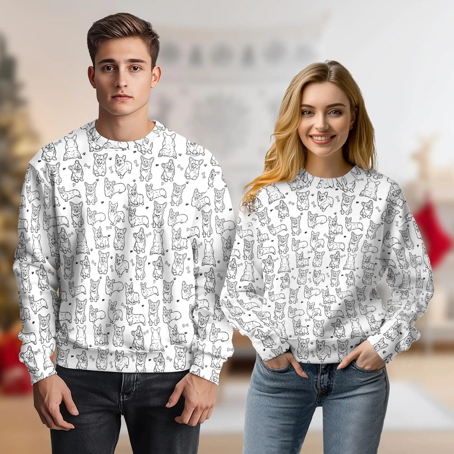 Corgi Line Art Sweatshirt – Colorful Graphic 3D All Over Print Design