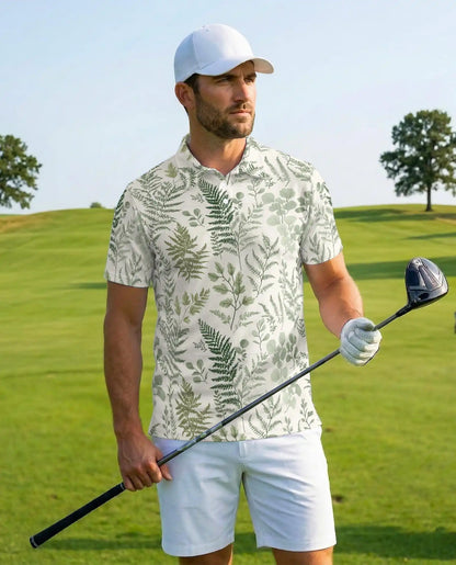 Botanical Fern Polo Shirt - Minimalist Nature Style | Azhawaiian