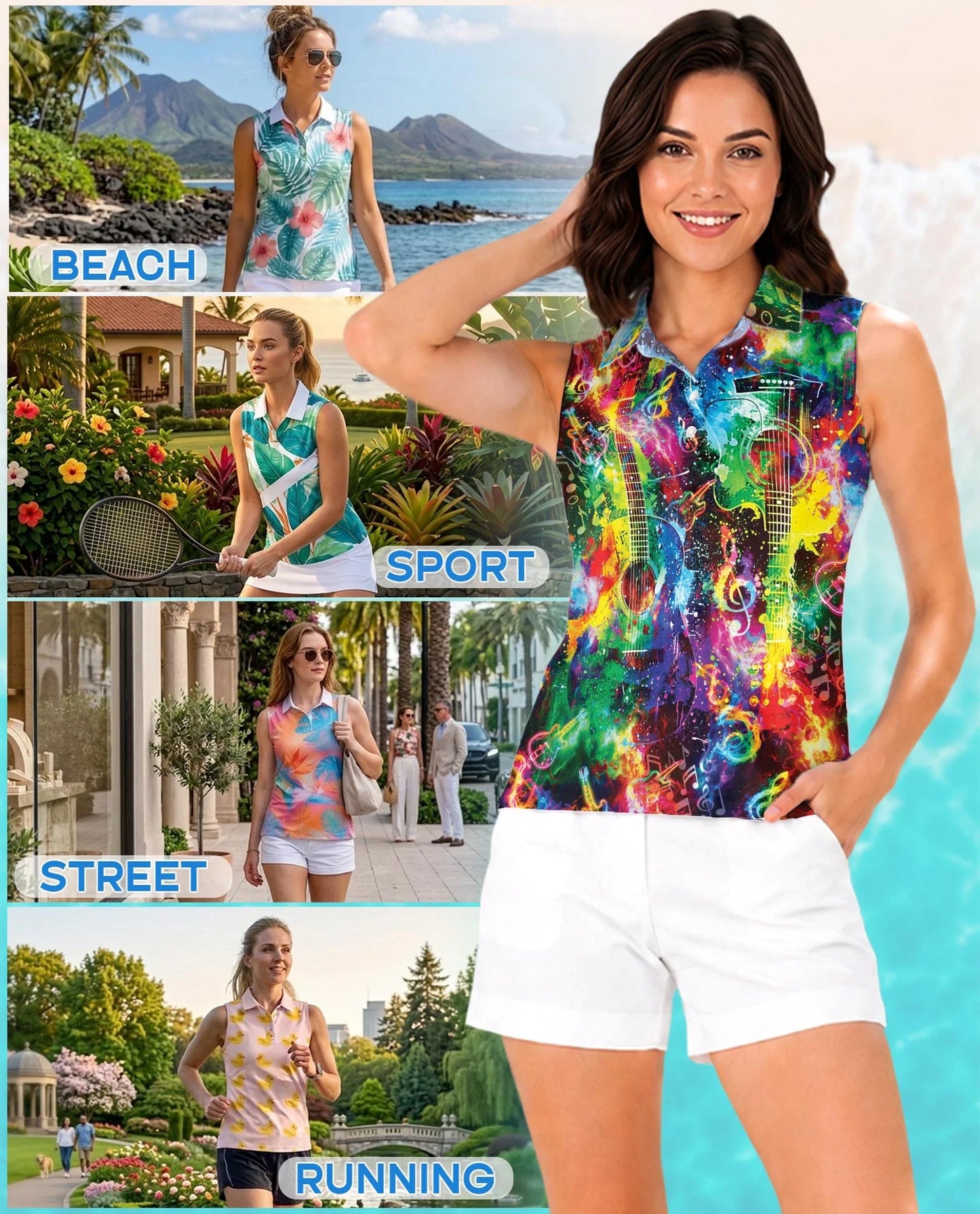 Amazing Rainbow Guitar Sleeveless Polo Shirt for Women| Azhawaiian