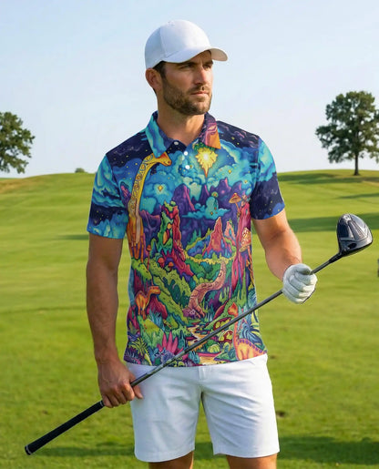 Dinosaur Fantasy Polo Shirt, Colorful Cosmic Art | Azhawaiian