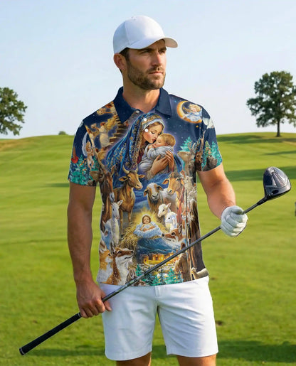 Nativity Scene Christmas Polo Shirt for Men- Christian Faith Holy Night | Azhawaiian