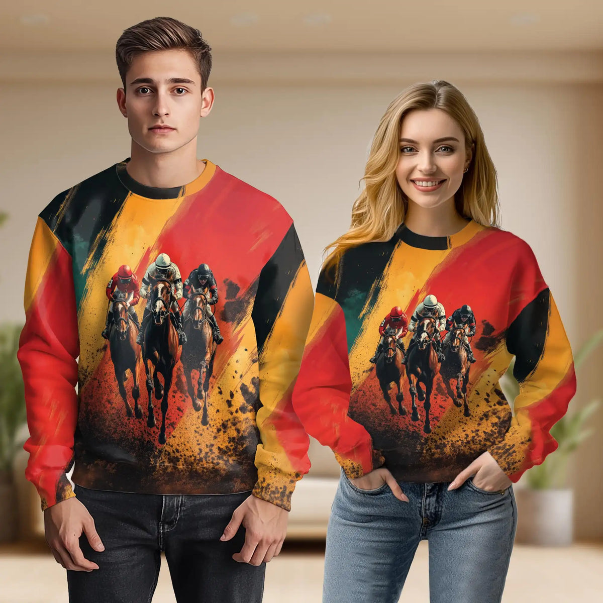 Abstract Horse Racing Art Sweatshirt – Colorful Graphic 3D All Over Print Design
