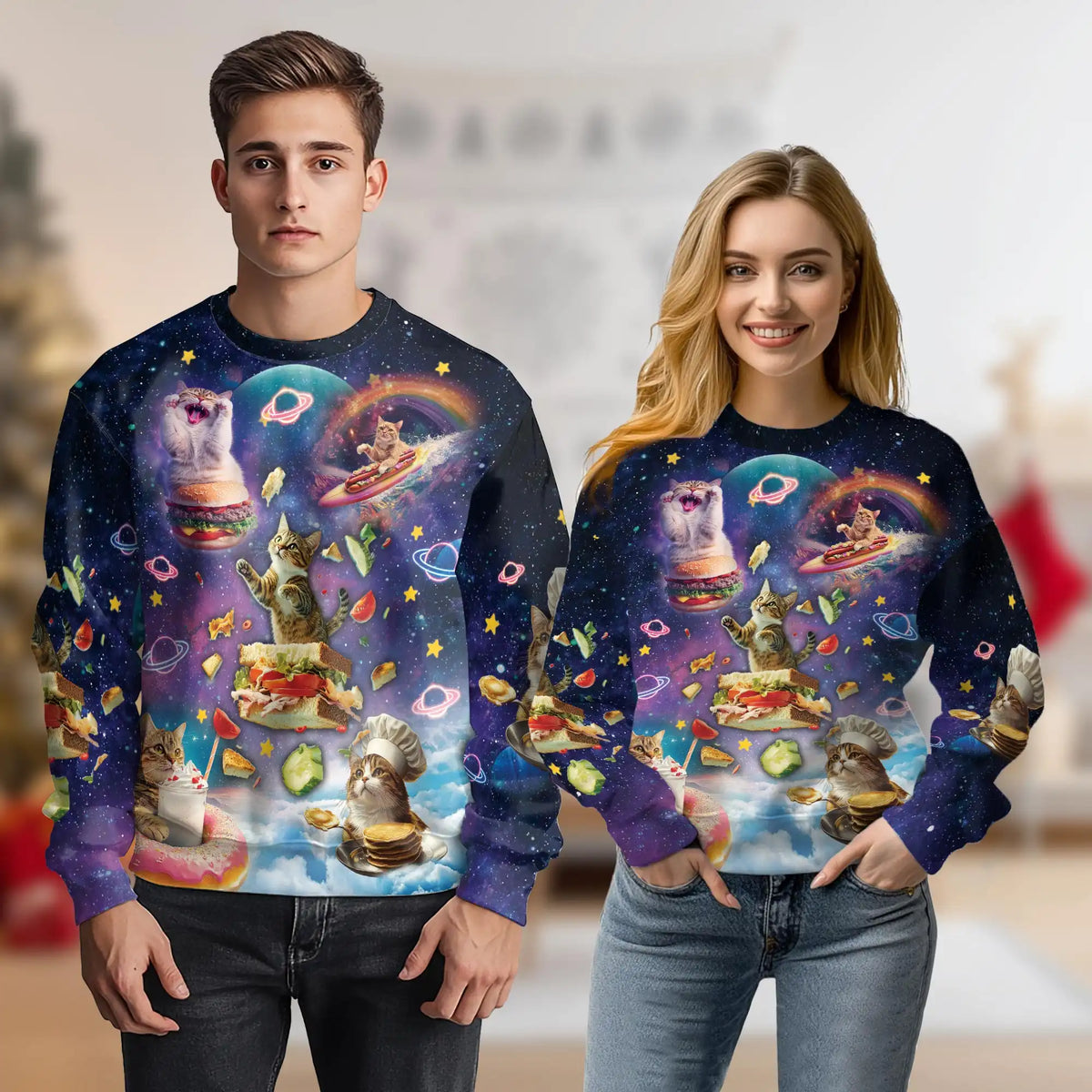 Space Cats Eating Food Sweatshirt – Colorful Graphic 3D All Over Print Design