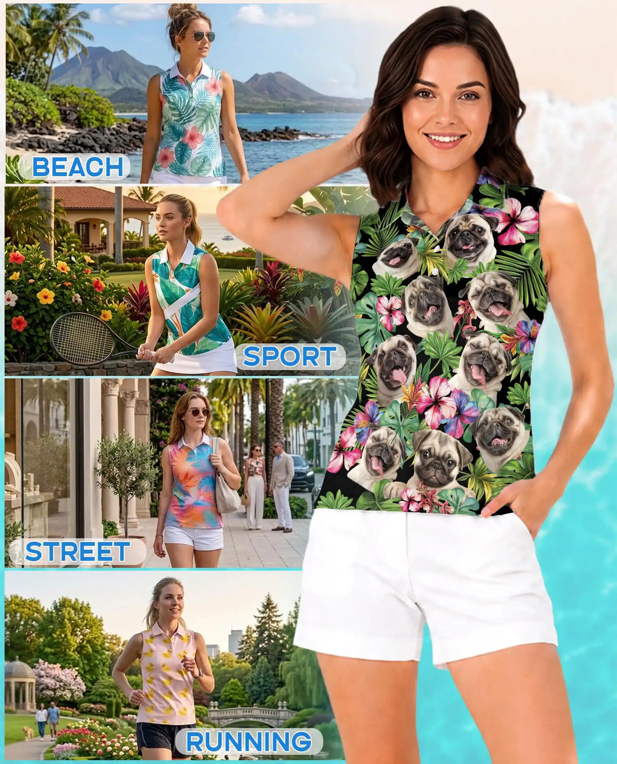 Tropical Pug Sleeveless Polo Shirt for Women, Cute Dog Summer Style