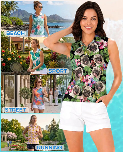Tropical Pug Sleeveless Polo Shirt for Women, Cute Dog Summer Style