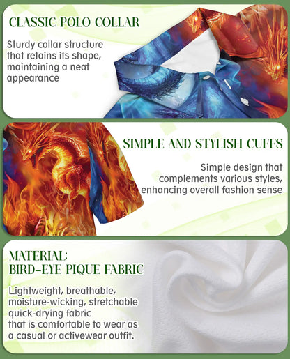 Fire and Ice Dragon 3D Polo Shirt for Men, Fantasy Mythical Beast Style | Azhawaiian