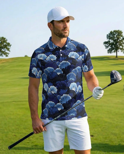 Blue Ginkgo Polo Shirt for Men, Elegant Botanical Style | Azhawaiian