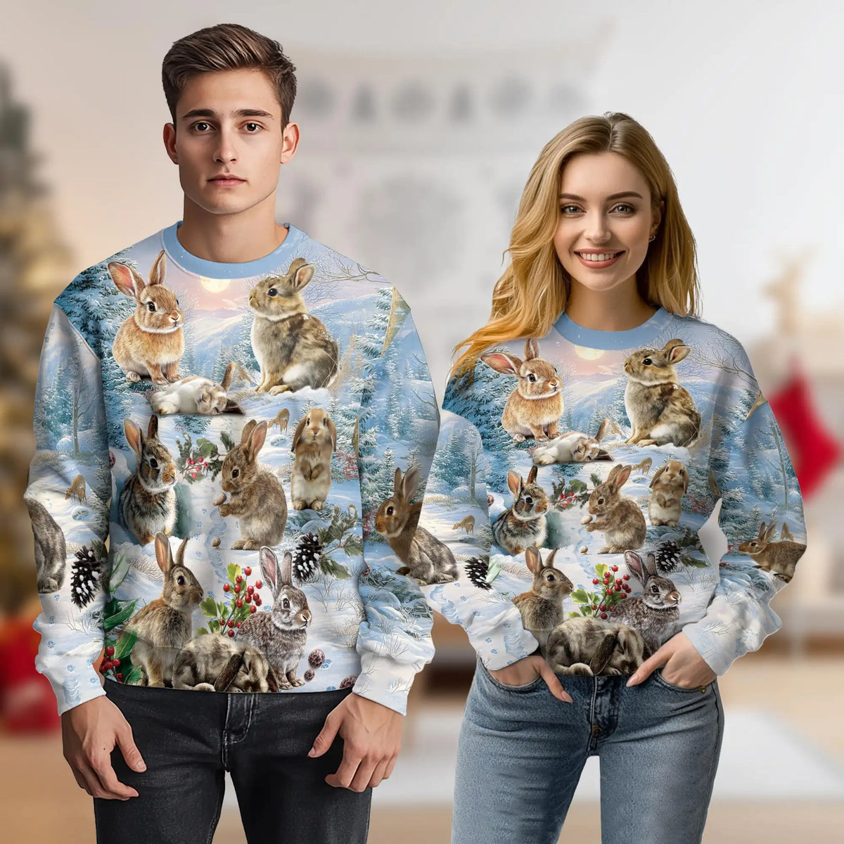 Rabbits in Snow Sweatshirt – Colorful Graphic 3D All Over Print Design