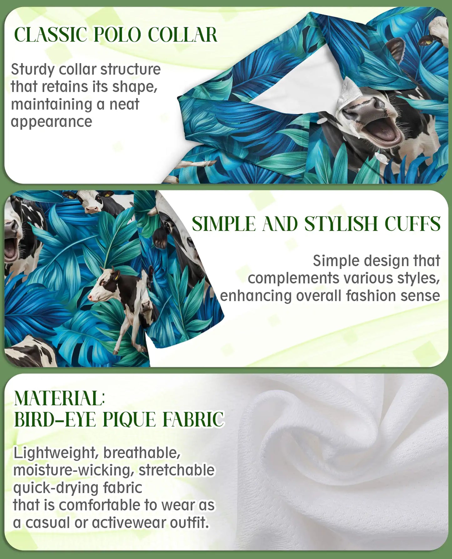 Cow Tropical Leaf 3D Polo Shirt for Men, Farm Animal Hawaiian Style | Azhawaiian