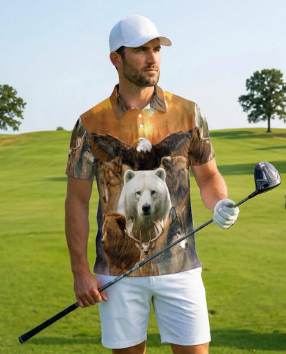 Wild Animal Forest Polo Shirt for Men, Majestic Wildlife Print | Azhawaiian