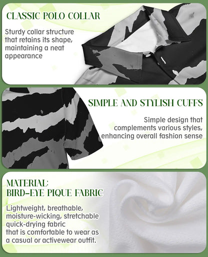 Black White Abstract 3D Polo Shirt for Men, Modern Brushstroke Style | Azhawaiian