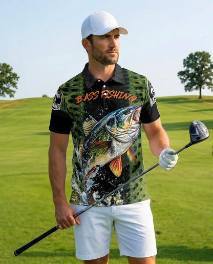 Bass Fishing Green 3D Polo Shirt for Men, Outdoor Angler Style | Azhawaiian