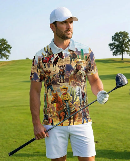 Vintage Desert Cowboy Cats Polo Shirt for Men, Western Animal Style | Azhawaiian