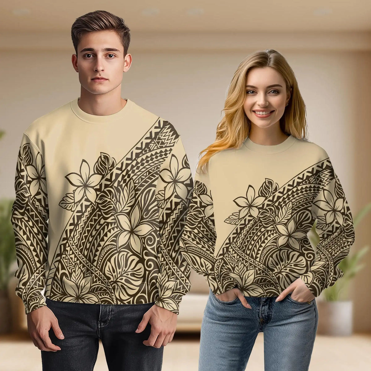 Tribal Tropical Flowers Beige Sweatshirt – Tropical 3D All Over Print Design