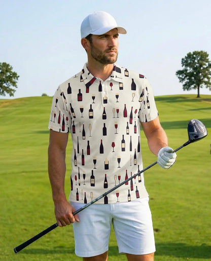 Wine Bottle Polo Shirt for Men - Wine Lover Pattern | Azhawaiian
