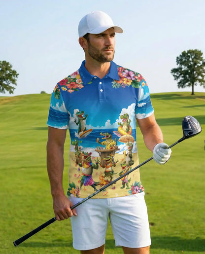 Funny Alligator Beach Hawaiian Polo Shirt | Azhawaiian