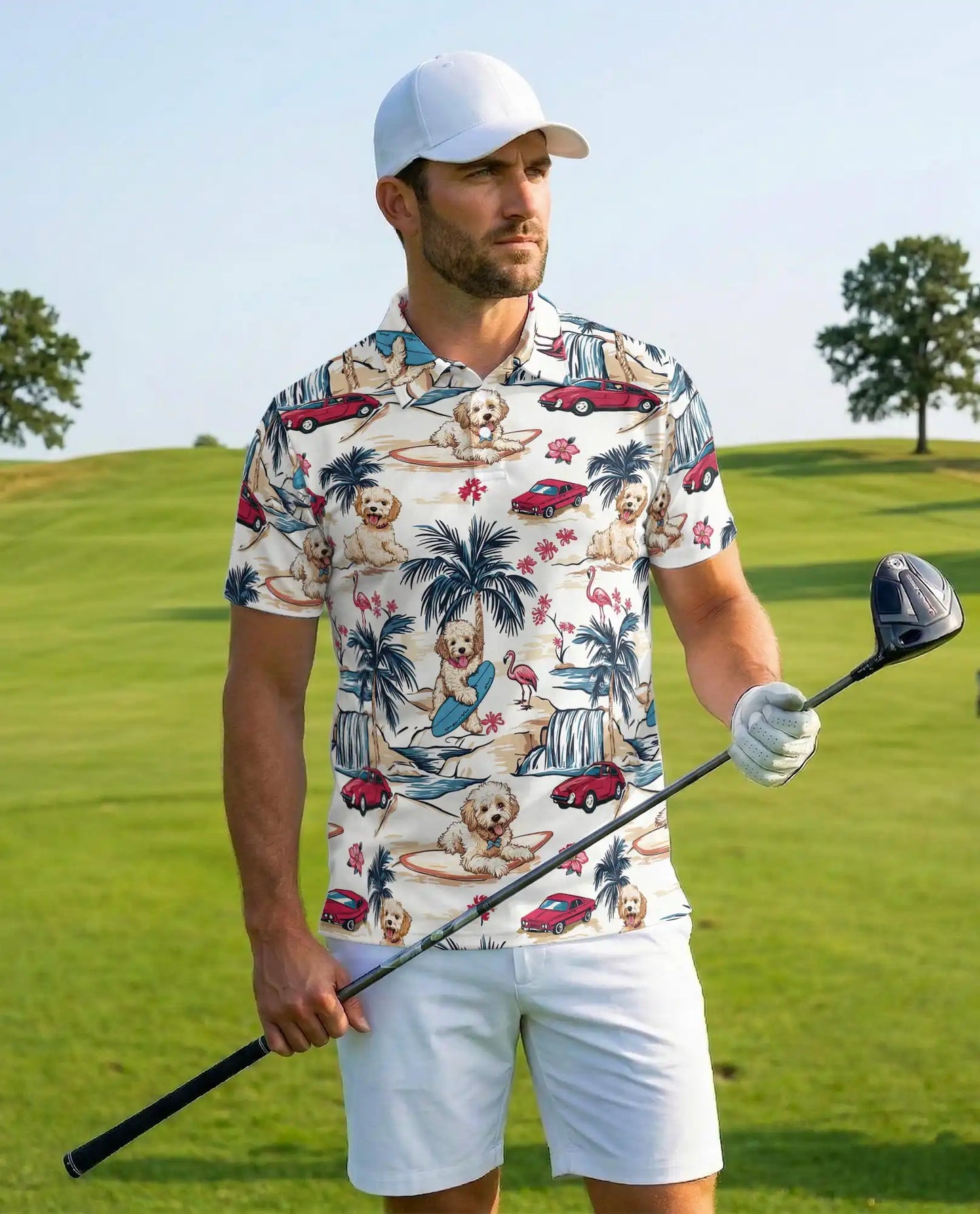 Surfing Dog Beach Polo Shirt - Coastal Tropical Vacation Style | Azhawaiian