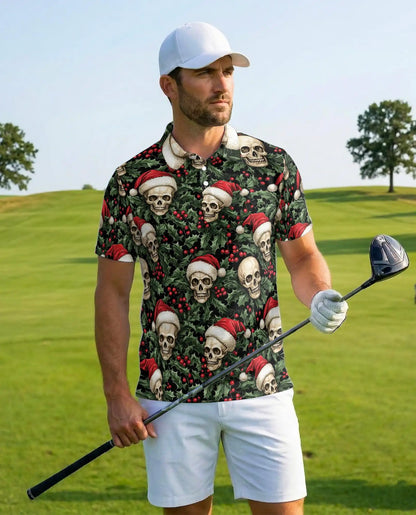Christmas Skull 3D Polo Shirt for Men, Gothic Holiday Santa Style | Azhawaiian