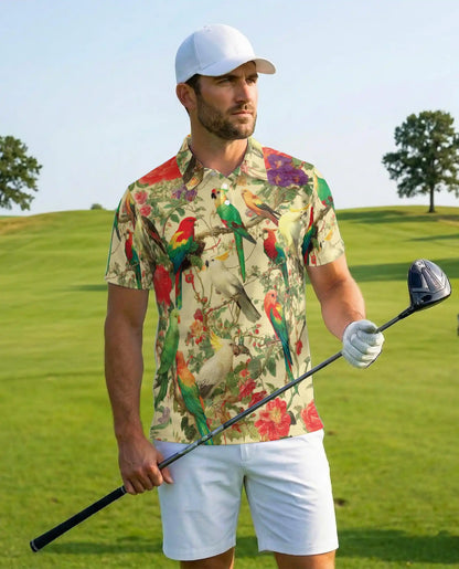 Tropical Birds Polo Shirt for Men, Colorful Parrot Print | Azhawaiian