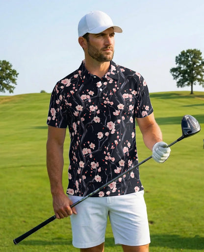 Japanese Floral Polo Shirt for Men, Elegant Sakura Art Style | Azhawaiian